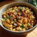 A close-up of a bowl filled with creamy, charred Elote Dip, topped with fresh cilantro and chili powder.