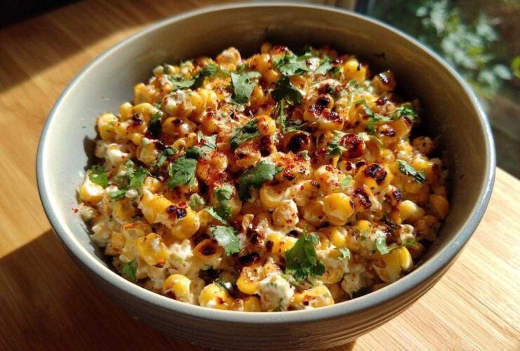 A close-up of a bowl filled with creamy, charred Elote Dip, topped with fresh cilantro and chili powder.