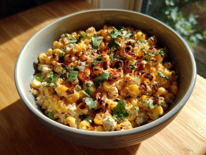 A close-up of a bowl filled with creamy, charred Elote Dip, topped with fresh cilantro and chili powder.