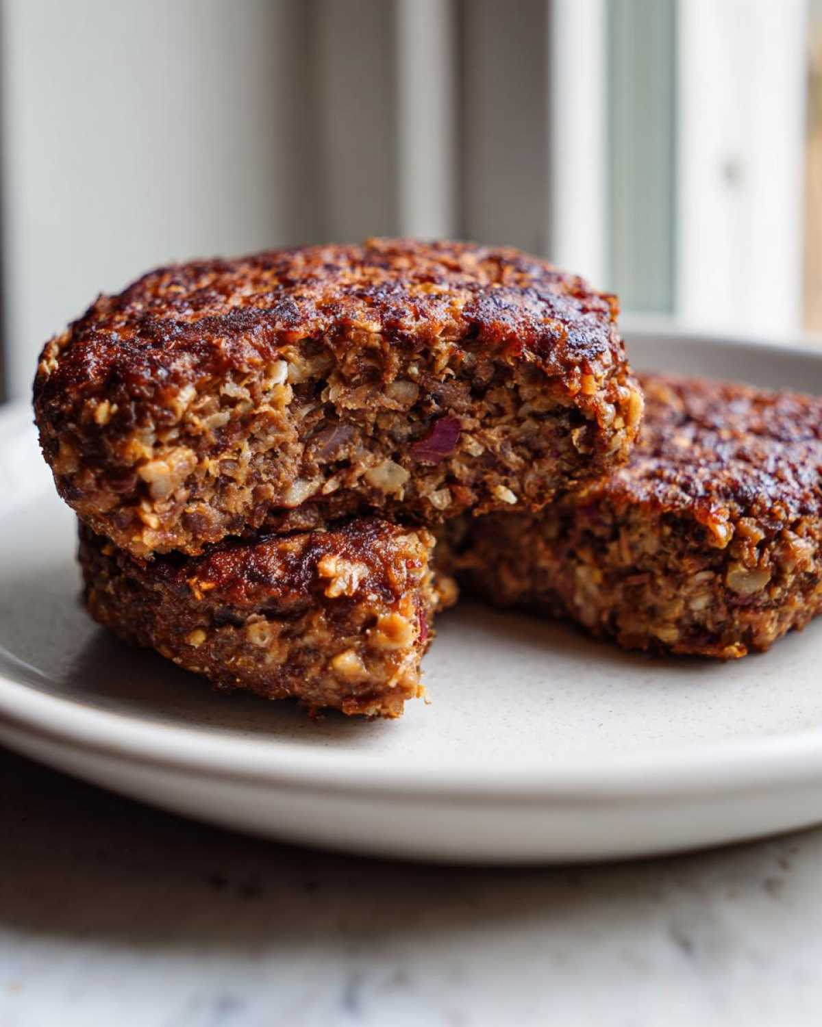 Close-up of three firm Black Bean Burger patties stacked on a light plate, showing the textured interior.