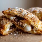 Close-up of a flaky Smores Hand Pie cut in half, revealing melted chocolate and gooey marshmallow filling.