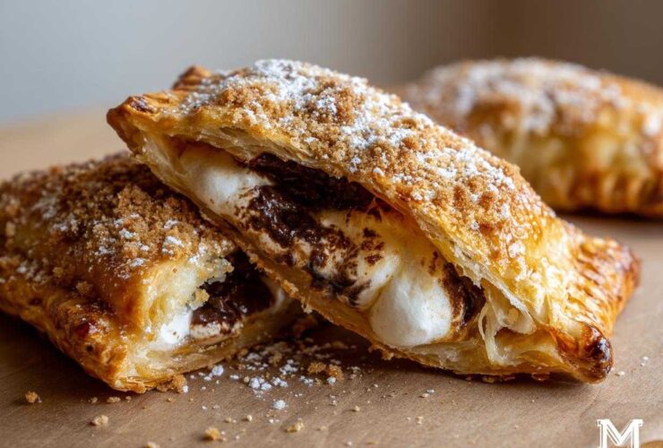 Close-up of a flaky Smores Hand Pie cut in half, revealing melted chocolate and gooey marshmallow filling.