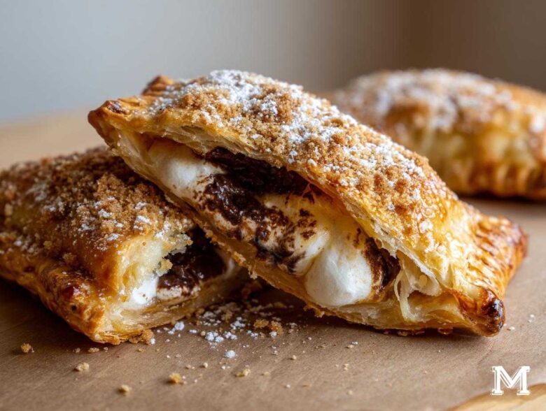 Close-up of a flaky Smores Hand Pie cut in half, revealing melted chocolate and gooey marshmallow filling.