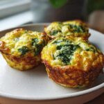 Three golden-brown, fluffy Egg Bites With Cottage Cheese and spinach served on a light ceramic plate.