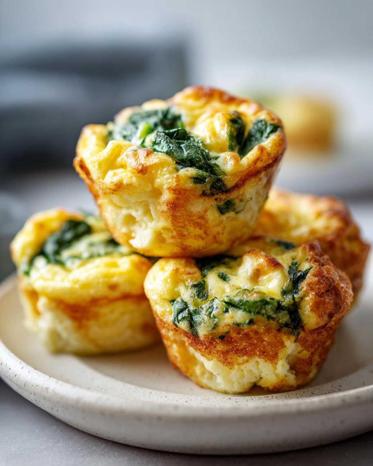 A stack of four fluffy Egg Bites With Cottage Cheese mixed with visible green spinach, served on a speckled white plate.