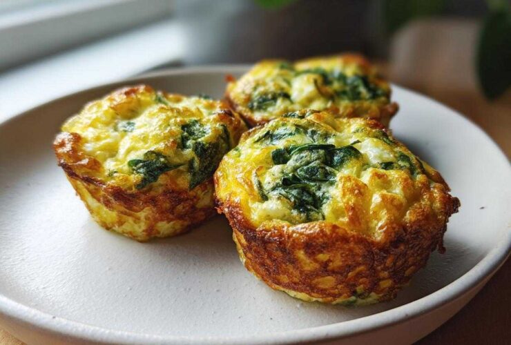 Three golden-brown, fluffy Egg Bites With Cottage Cheese and spinach served on a light ceramic plate.