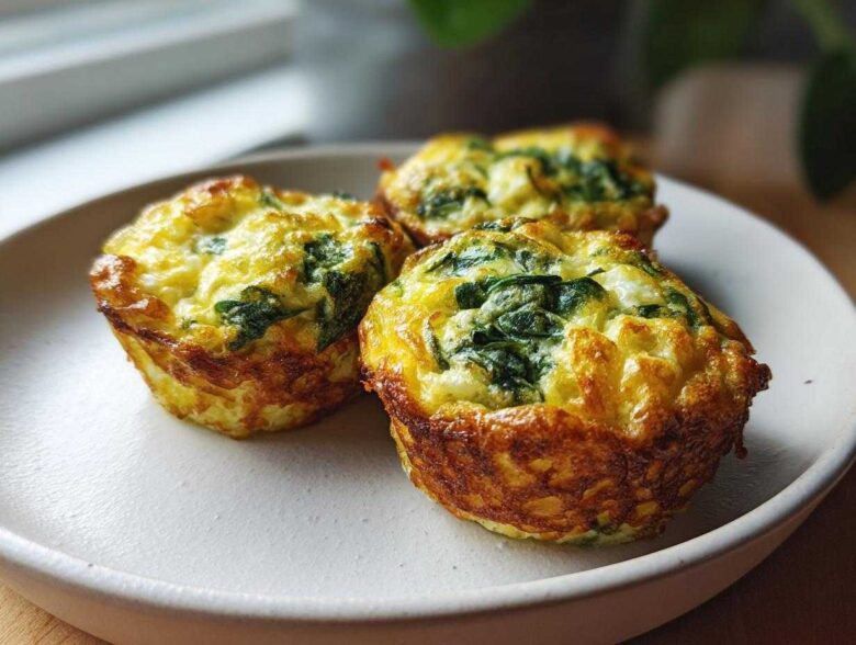 Three golden-brown, fluffy Egg Bites With Cottage Cheese and spinach served on a light ceramic plate.