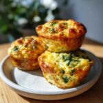 Three fluffy Egg Bites With Cottage Cheese, featuring visible spinach, stacked on a speckled white plate.