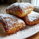 Close-up of three golden brown French Beignets generously dusted with powdered sugar on a white plate.