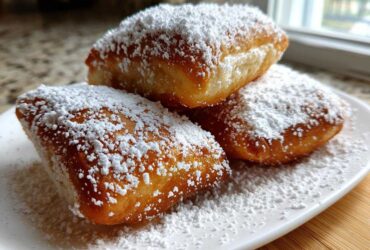 Close-up of three golden brown French Beignets generously dusted with powdered sugar on a white plate.