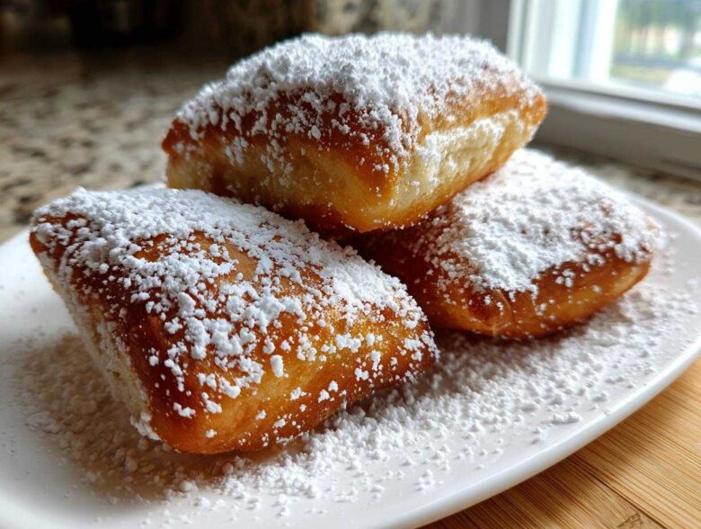 Close-up of three golden brown French Beignets generously dusted with powdered sugar on a white plate.