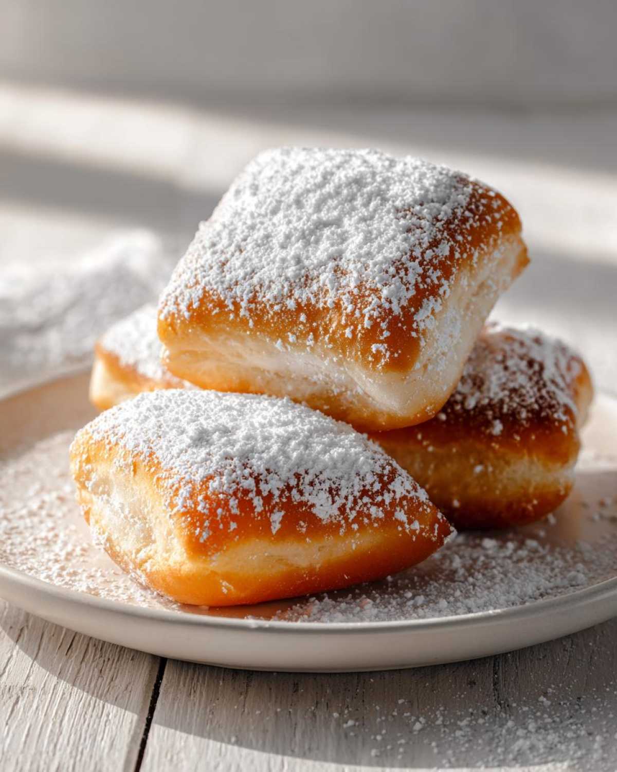 A stack of four golden brown French Beignets generously dusted with white powdered sugar on a light plate.
