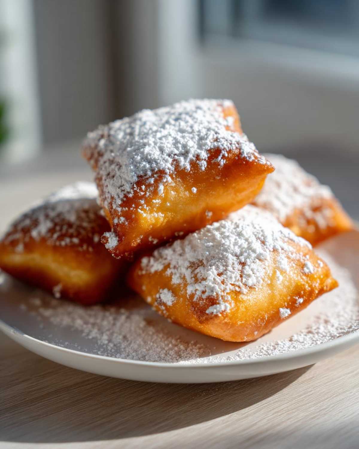 A stack of freshly fried French Beignets generously dusted with powdered sugar on a white plate.