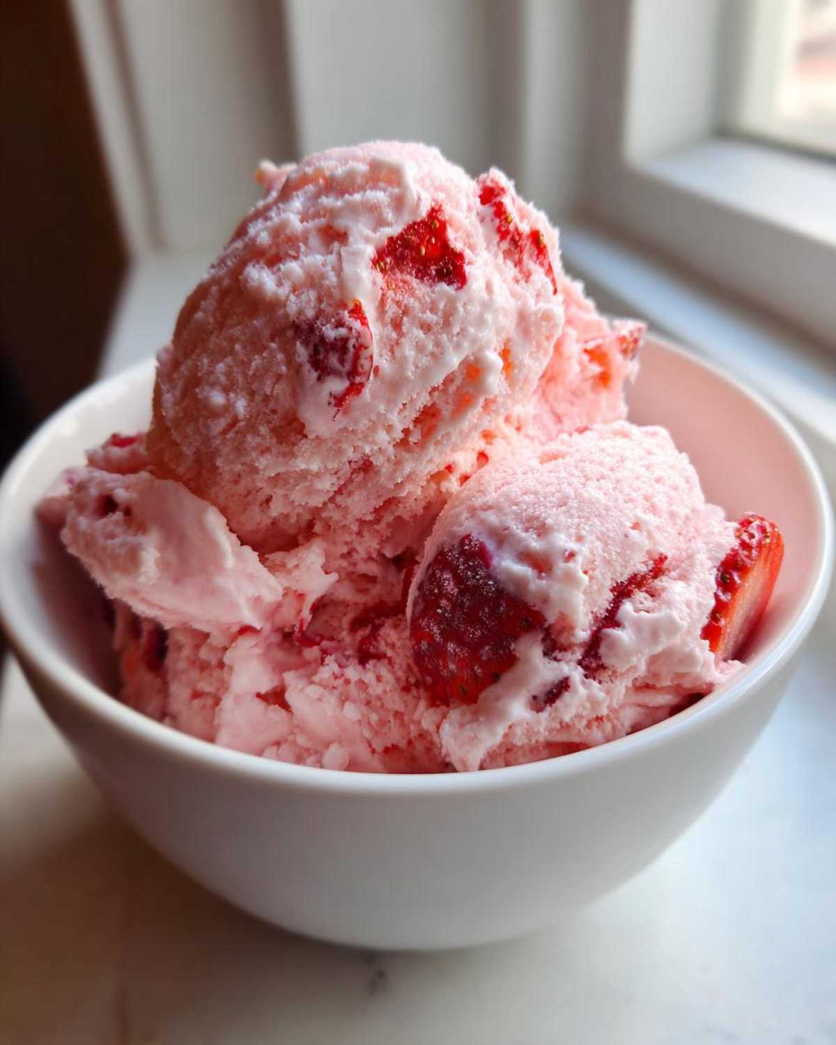 Close-up of several scoops of pink Fresh Strawberry Dream Ice Cream loaded with visible strawberry pieces in a white bowl.