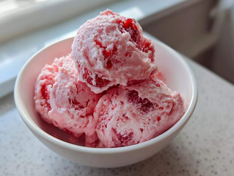 Three scoops of pink Fresh Strawberry Dream Ice Cream, studded with visible strawberry pieces, served in a white bowl.