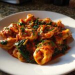 A close-up of Garlic and Herb Tomato Tortellini tossed in a rich red sauce with wilted spinach and fresh parsley.