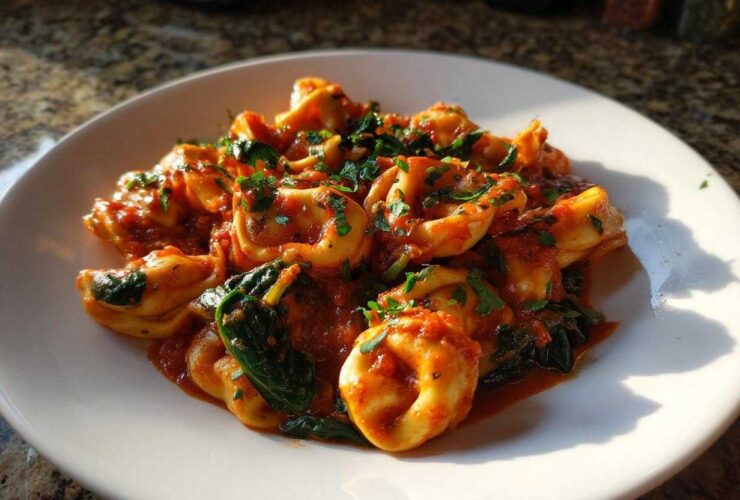 A close-up of Garlic and Herb Tomato Tortellini tossed in a rich red sauce with wilted spinach and fresh parsley.
