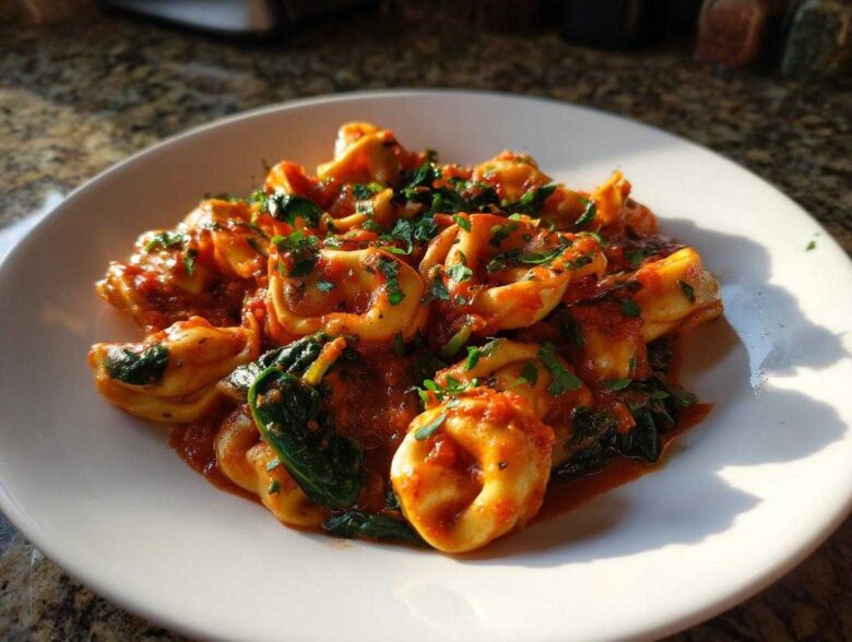 A close-up of Garlic and Herb Tomato Tortellini tossed in a rich red sauce with wilted spinach and fresh parsley.