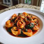 A close-up of Garlic and Herb Tomato Tortellini mixed with wilted spinach in a rich tomato sauce, garnished with fresh herbs.