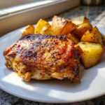 A perfectly cooked chicken thigh with crispy skin served next to roasted potatoes, showcasing the Garlic Butter Parmesan Chicken Thighs recipe.