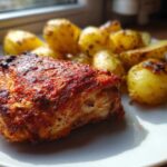 Close-up of a seasoned chicken thigh next to roasted potatoes, part of the Garlic Butter Parmesan Chicken Thighs recipe.