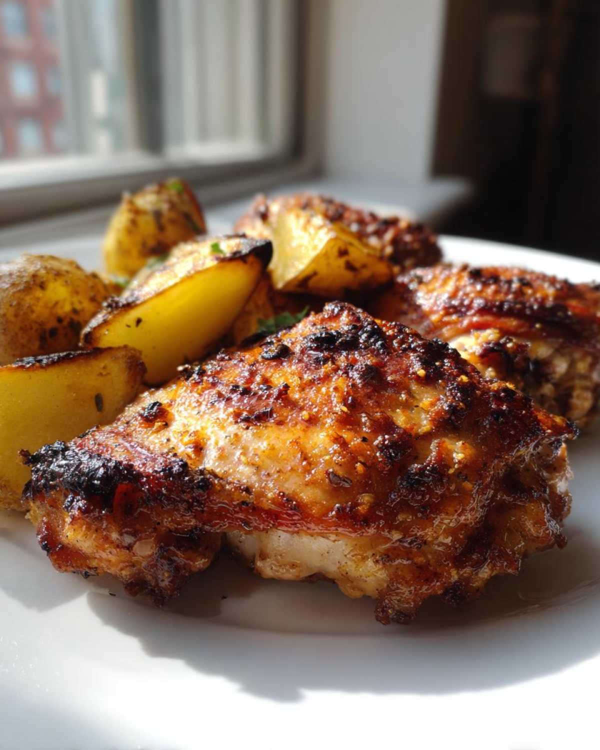 Close-up of crispy Garlic Butter Parmesan Chicken Thighs served with roasted potatoes on a white plate.