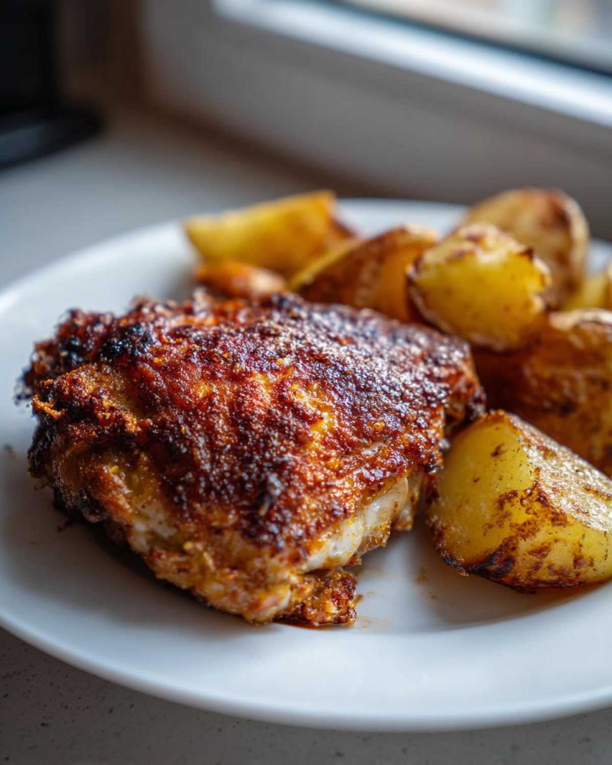 Crispy Garlic Butter Parmesan Chicken Thighs served alongside golden roasted potatoes on a white plate.