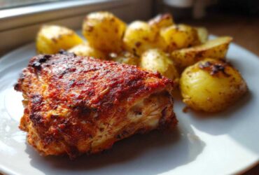Close-up of a seasoned chicken thigh next to roasted potatoes, part of the Garlic Butter Parmesan Chicken Thighs recipe.