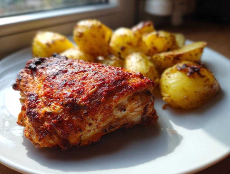 Close-up of a seasoned chicken thigh next to roasted potatoes, part of the Garlic Butter Parmesan Chicken Thighs recipe.