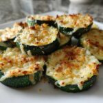 Close-up of several slices of Garlic Parmesan Zucchini Roast, topped with melted, browned cheese and herbs.