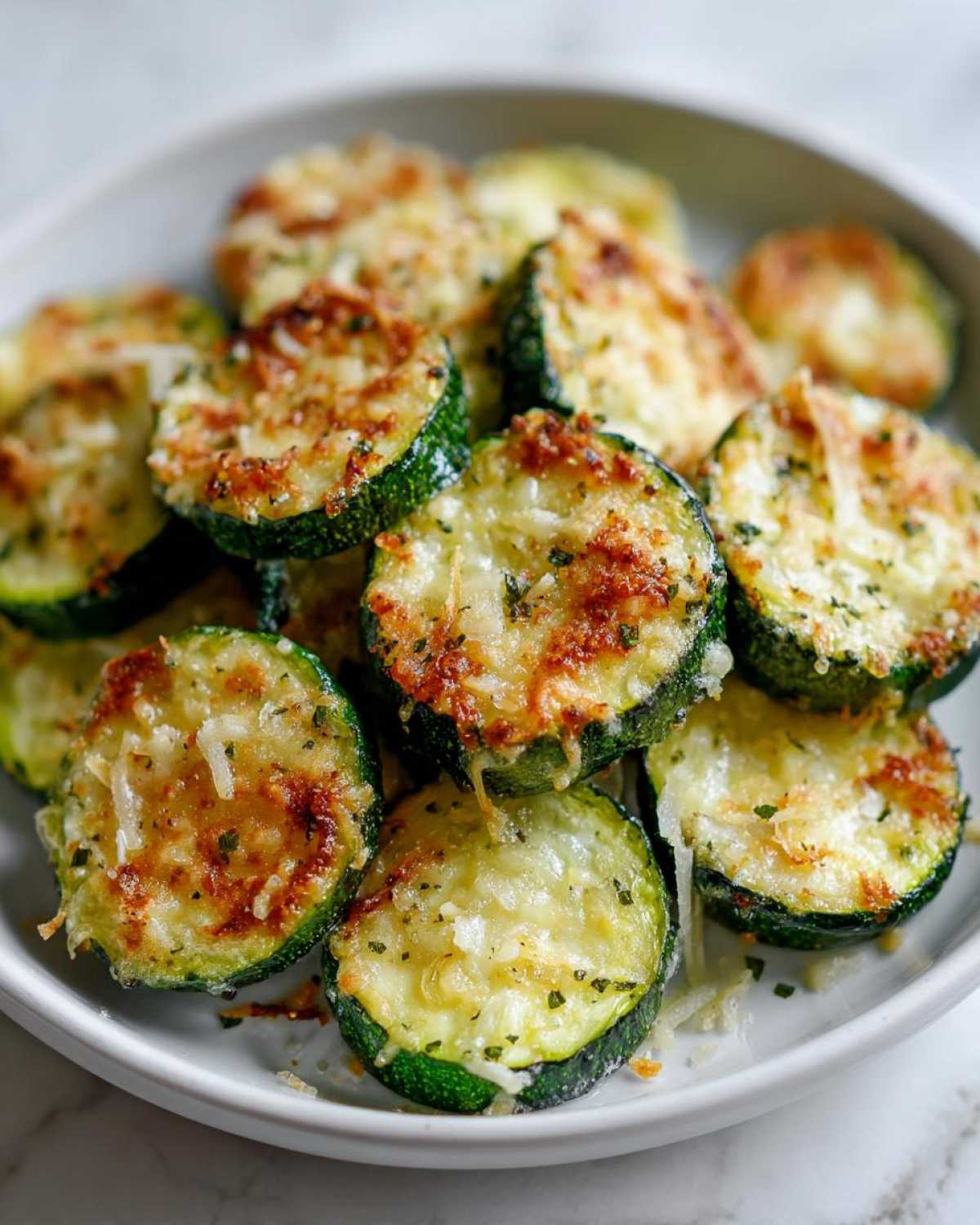 A bowl filled with perfectly roasted, round slices of Garlic Parmesan Zucchini Roast topped with melted, browned cheese.