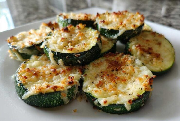 Close-up of several slices of Garlic Parmesan Zucchini Roast, topped with melted, browned cheese and herbs.