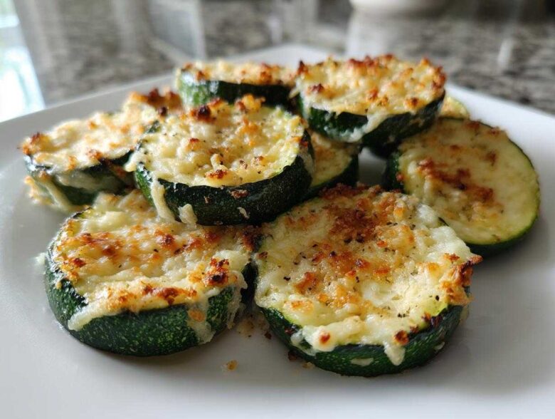 Close-up of several slices of Garlic Parmesan Zucchini Roast, topped with melted, browned cheese and herbs.