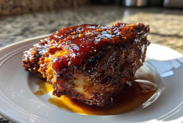 A close-up of a piece of richly glazed Hawaiian Huli Huli Chicken sitting in its sauce on a white plate.
