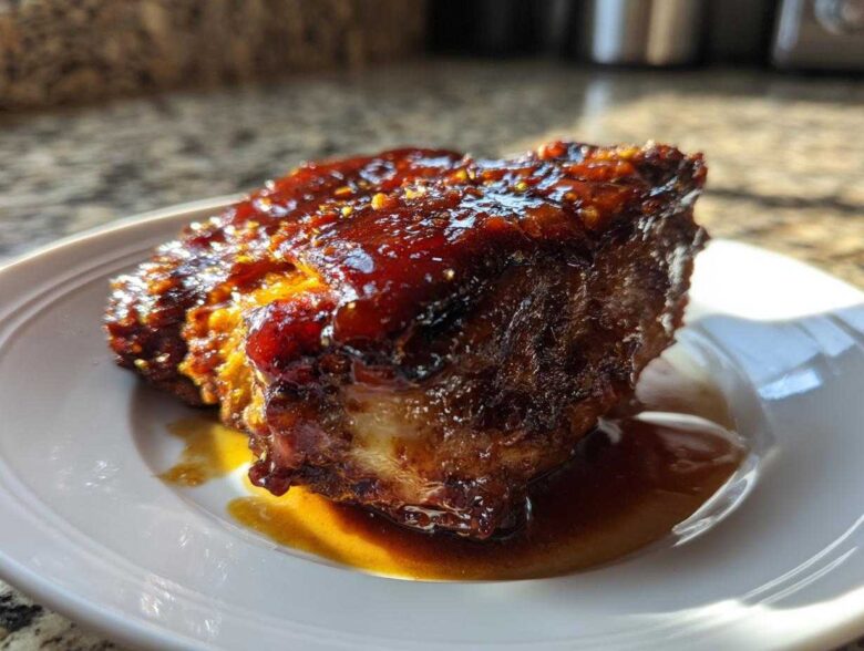A close-up of a piece of richly glazed Hawaiian Huli Huli Chicken sitting in its sauce on a white plate.