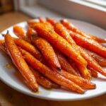 A plate piled high with vibrant Glazed Honey Garlic Butter Roasted Carrots, glistening under natural light.