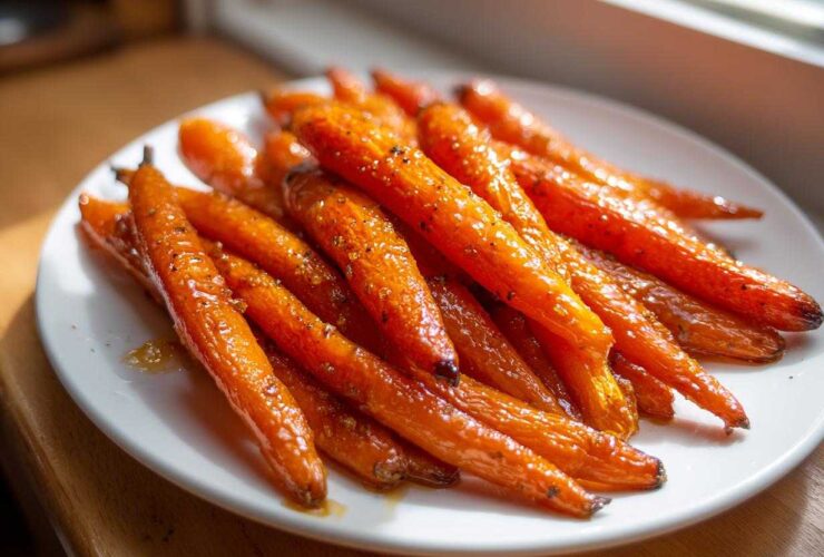A plate piled high with vibrant Glazed Honey Garlic Butter Roasted Carrots, glistening under natural light.
