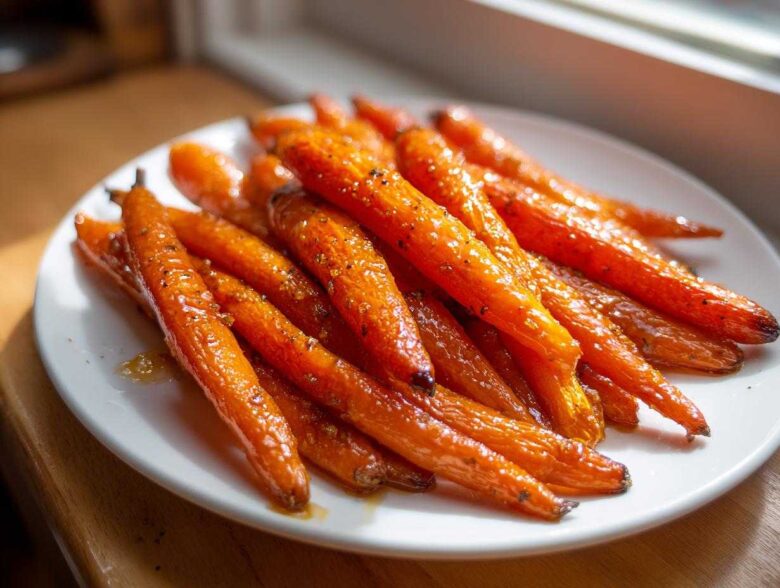 A plate piled high with vibrant Glazed Honey Garlic Butter Roasted Carrots, glistening under natural light.