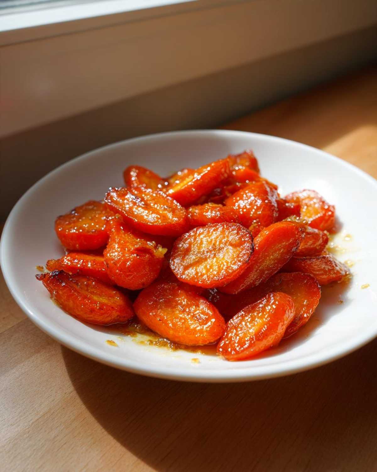 Close-up of shiny Glazed Honey Garlic Butter Roasted Carrots served in a small white bowl on a wooden surface.