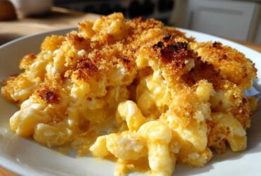 A close-up serving of creamy, cheesy Baked Mac and Cheese topped with a golden, crispy breadcrumb crust.