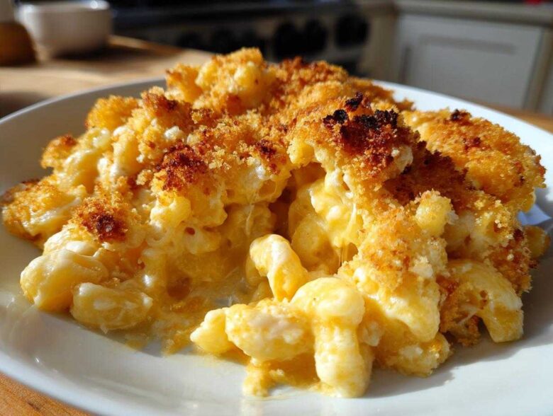 A close-up serving of creamy, cheesy Baked Mac and Cheese topped with a golden, crispy breadcrumb crust.