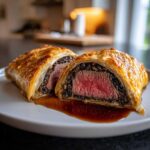 A cross-section of a golden, flaky Beef Wellington showing medium-rare tenderloin and mushroom duxelles, resting in jus.