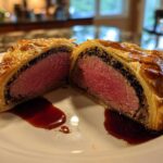A cross-section of Beef Wellington showing medium-rare tenderloin inside golden puff pastry, served with jus.