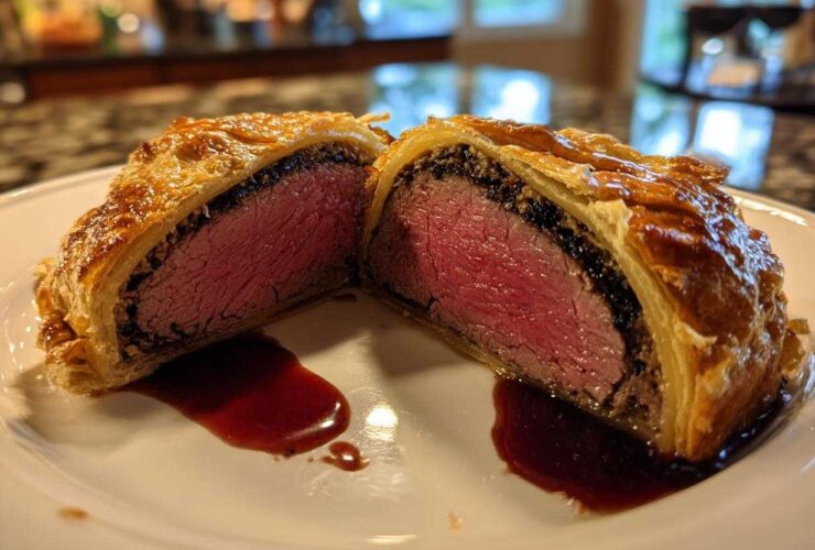 A cross-section of Beef Wellington showing medium-rare tenderloin inside golden puff pastry, served with jus.