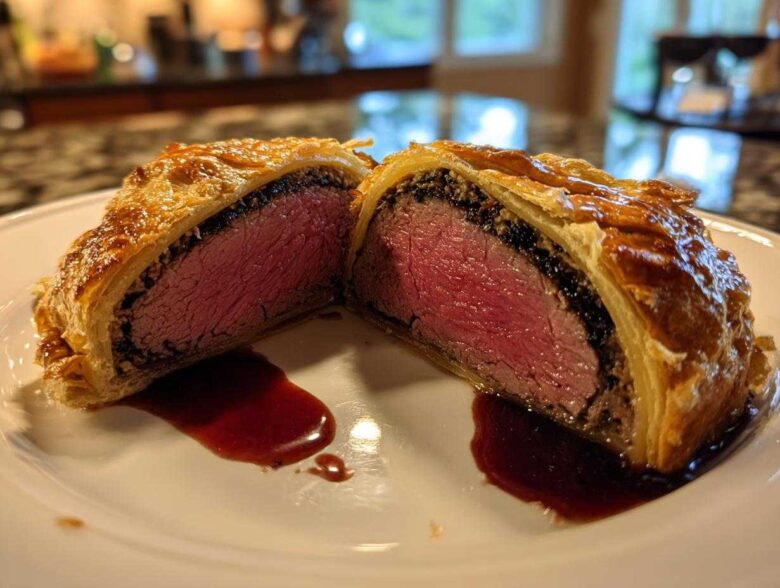 A cross-section of Beef Wellington showing medium-rare tenderloin inside golden puff pastry, served with jus.