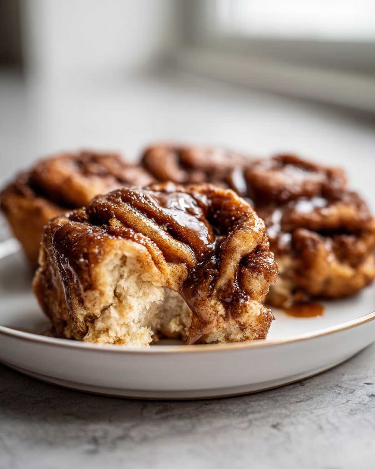 A close-up of a soft, gooey Amish Cinnamon Flop roll with a bite taken out, showing the fluffy interior and rich cinnamon swirl.