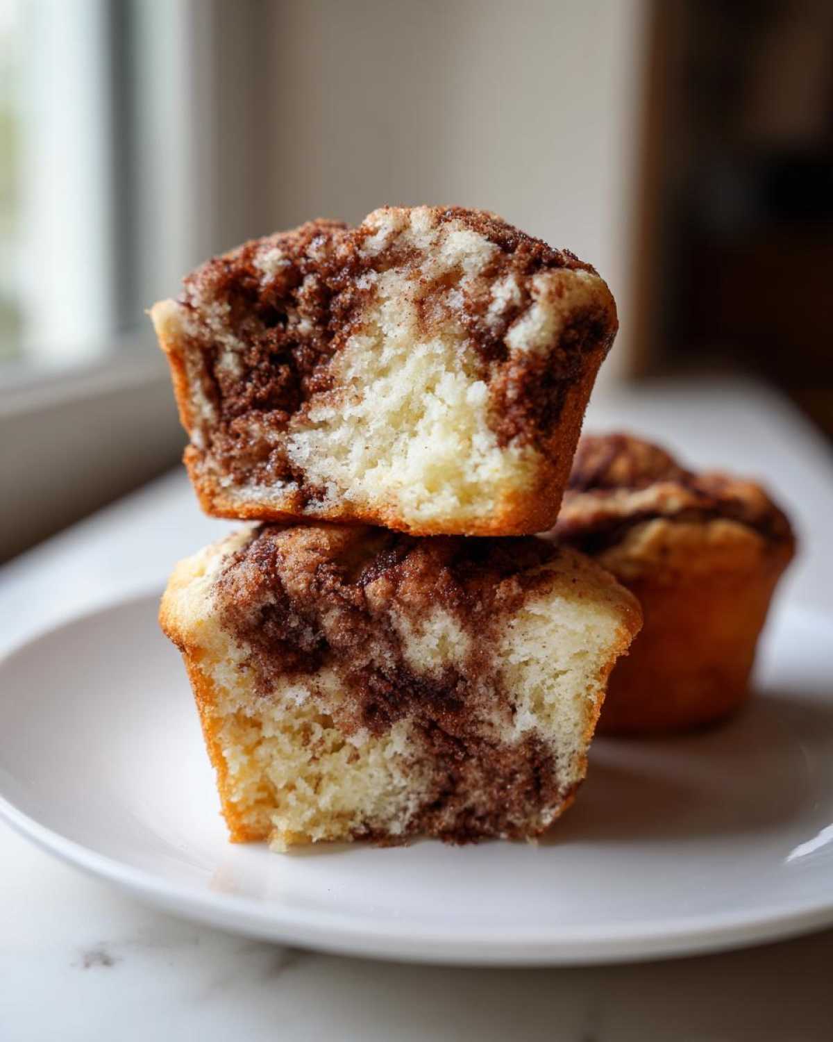 Two halves of Greek Yogurt Cinnamon Muffins stacked, showing the moist interior and rich cinnamon swirl.