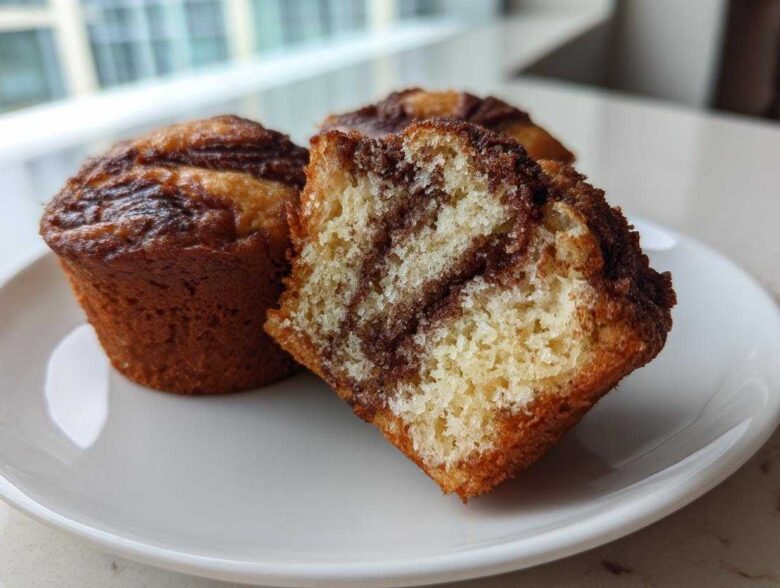 Close-up of Greek Yogurt Cinnamon Muffins, one cut open showing the moist interior and cinnamon swirl.