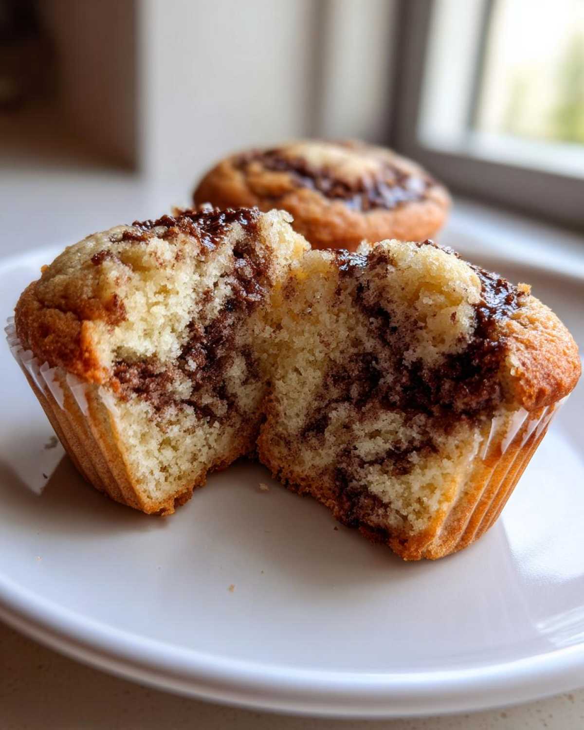 Close-up of a Greek Yogurt Cinnamon Muffin broken in half showing the moist, swirled cinnamon interior.
