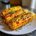 Three seasoned and grilled corn ribs piled on a white plate, sprinkled with fresh cilantro, perfect as a Corn Ribs Summer Side Dish.